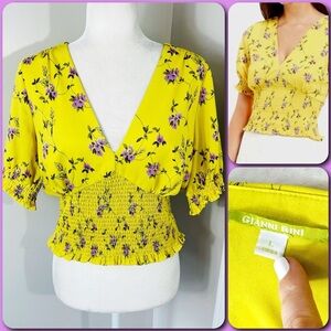 GIANNI BINI Yellow & Purple Floral V-Neck Smocked Puff Sleeve Crop Top - LARGE